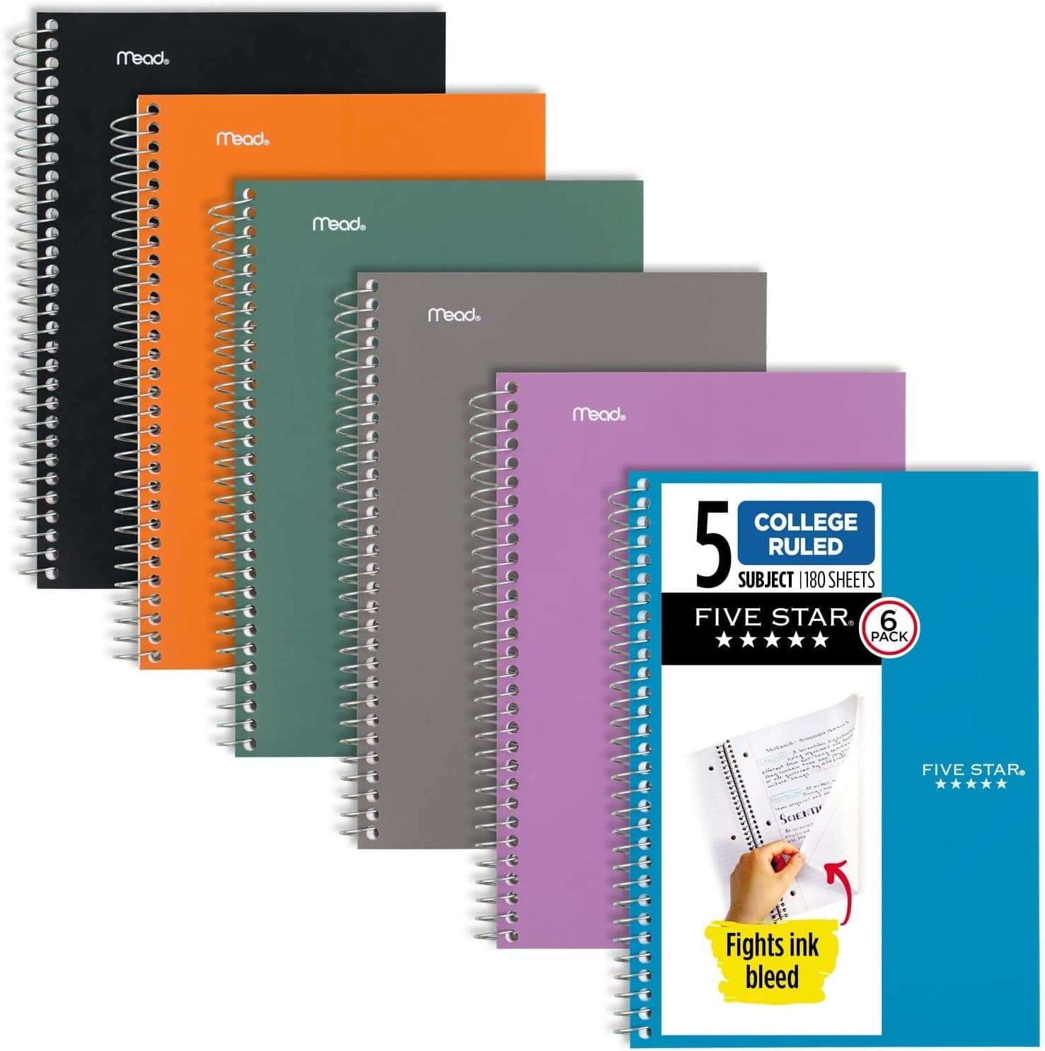 Five Star Small Spiral Notebooks, 6 Pack, 5 Subject, College Ruled Paper, 180 Sheets, Small, 9-1/2" x 6", Amethyst Purple, Sedona Orange, Seaglass Green, Tidewater Blue, Gray, Black (73527)
