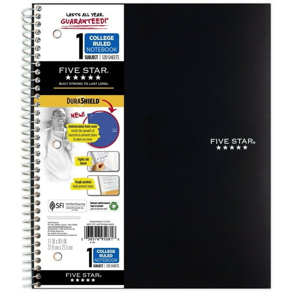 Five Star Spiral Notebook 1 Subject College Ruled Anti-Microbial Black