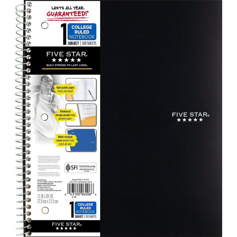 fritid kalk Flourish Five Star Spiral Notebook, 1 Subject, College Ruled Paper, 100 Sheets, 11"  x 8-1/2", School, Wired, Black (72057) - Walmart.com