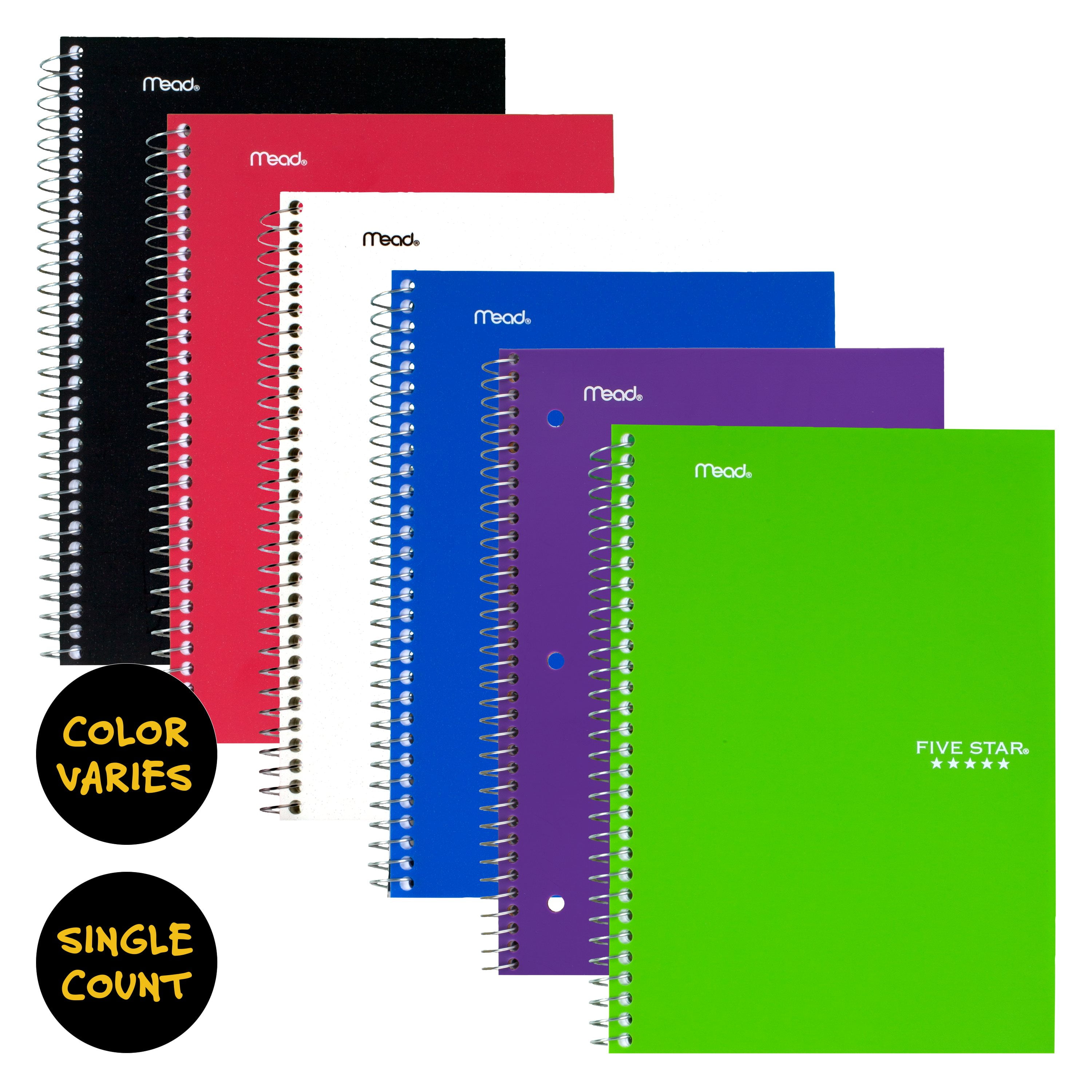 Five Star Spiral Notebook, 2-Subject, College Ruled 9 1/2" x 6", Assorted Colors (06180)