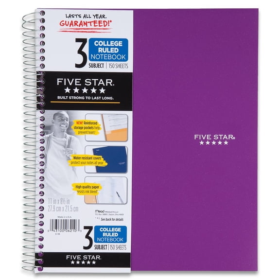 Five Star Spiral Notebook, 3 Subject, College Ruled Paper, 150 Sheets, 11" x 8-1/2" Sheet Size, Purple (72567)