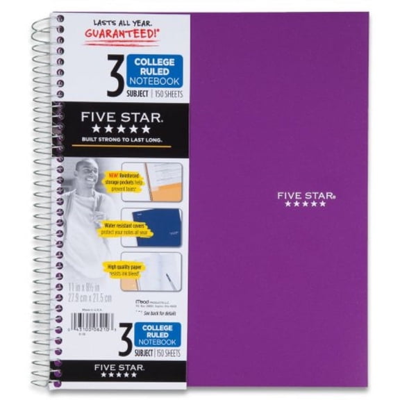 Five Star Spiral Notebook, 3 Subject, College Ruled Paper, 150 Sheets, 11" x 8-1/2" Sheet Size, Purple (72567)