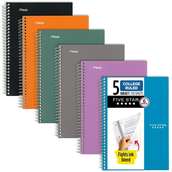 Five Star Spiral Notebook 5 Subject College Ruled 6 x 9 12 Color Chosen For You