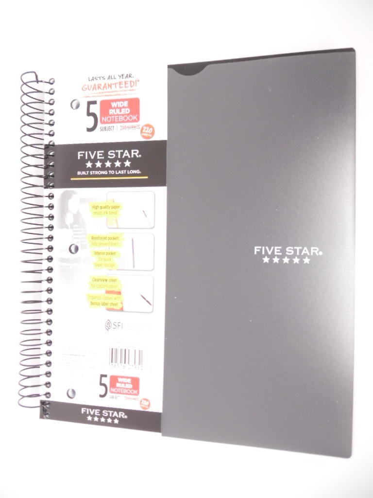 Five Star Spiral Notebook 5 Subject Wide Ruled Customizable 220 Sheets Black