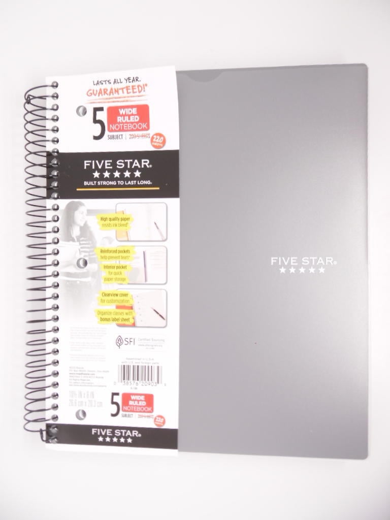 Five Star Spiral Notebook 5 Subject Wide Ruled Customizable 220 Sheets Gray