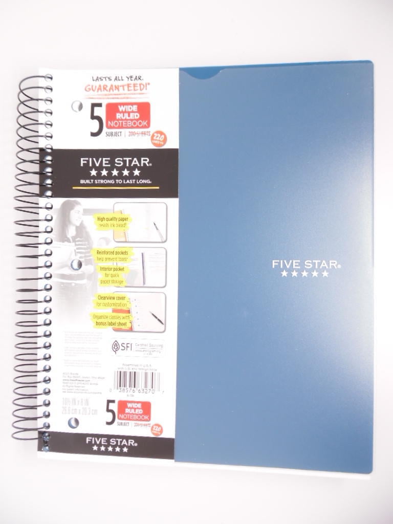 Five Star Spiral Notebook 5 Subject Wide Ruled Customizable 220 Sheets Teal