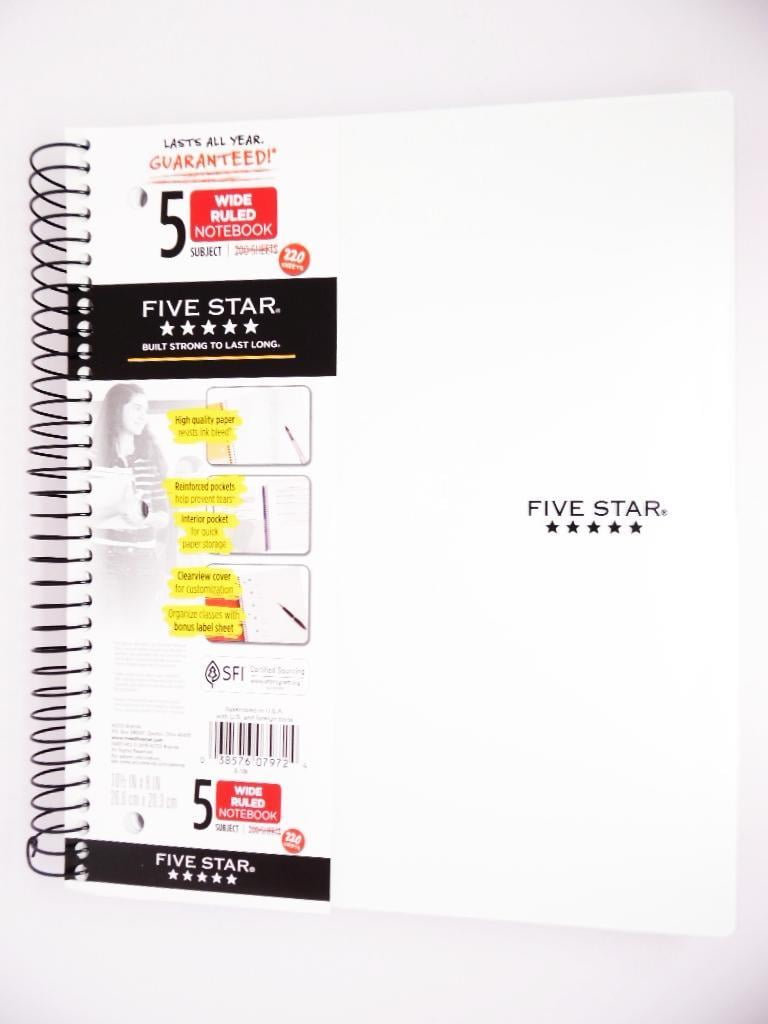Five Star Spiral Notebook 5 Subject Wide Ruled Customizable 220 Sheets White