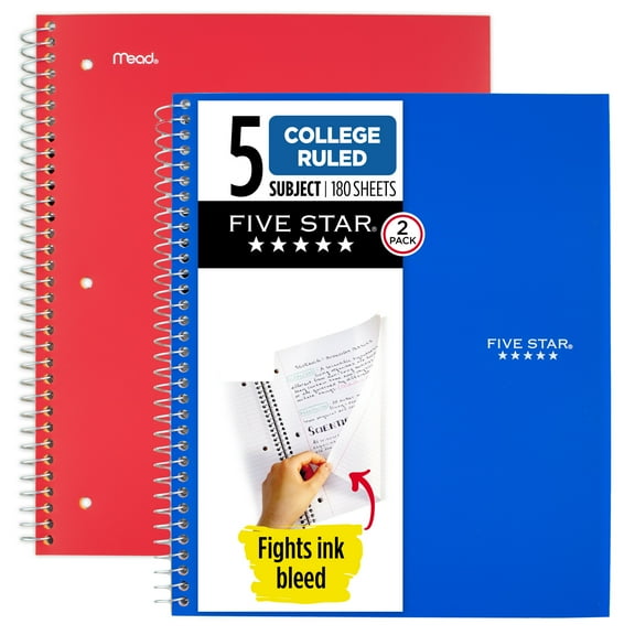 Five Star Spiral Notebook + Study App, 1 Subject, College Ruled, 8.5" x 11", 2 Pack