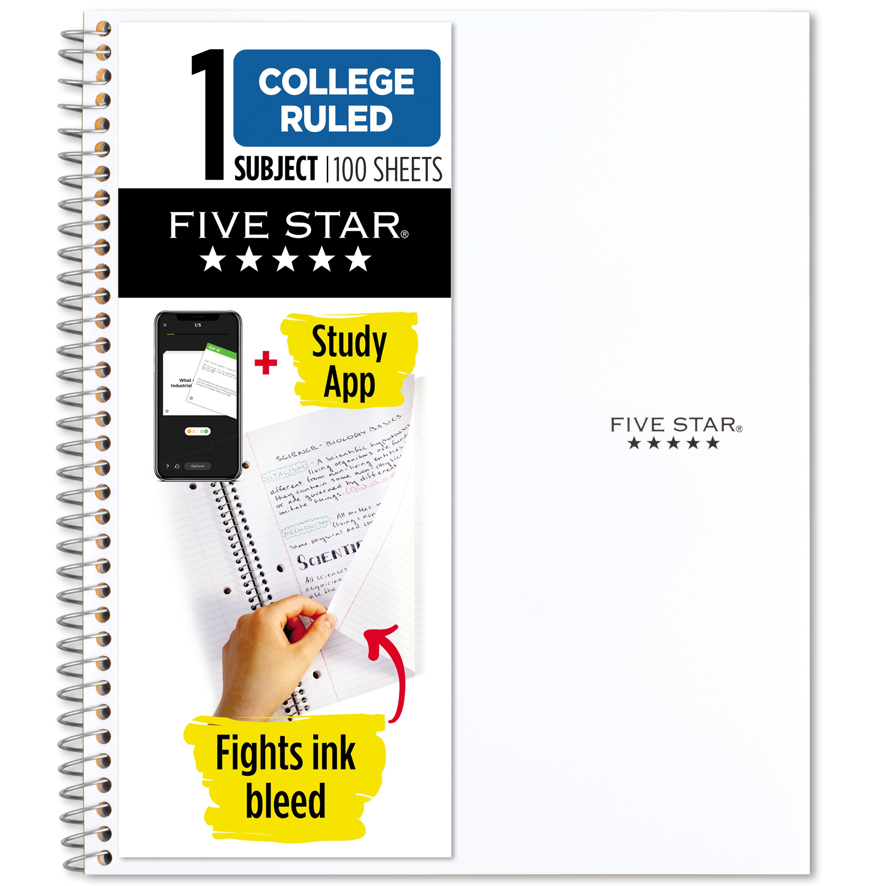 Five Star 1 Subject College Ruled Notebook Plus Study App, 8.5" x 11", White, Poly, Spiral, 100 Sheets