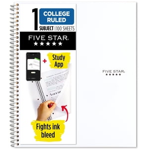 Cuaderno Five Star de 1 Materia con Rayado Universitario y App de Estudio, 8.5" x 11", Blanco, Poli, Espiral, 100 Hojas