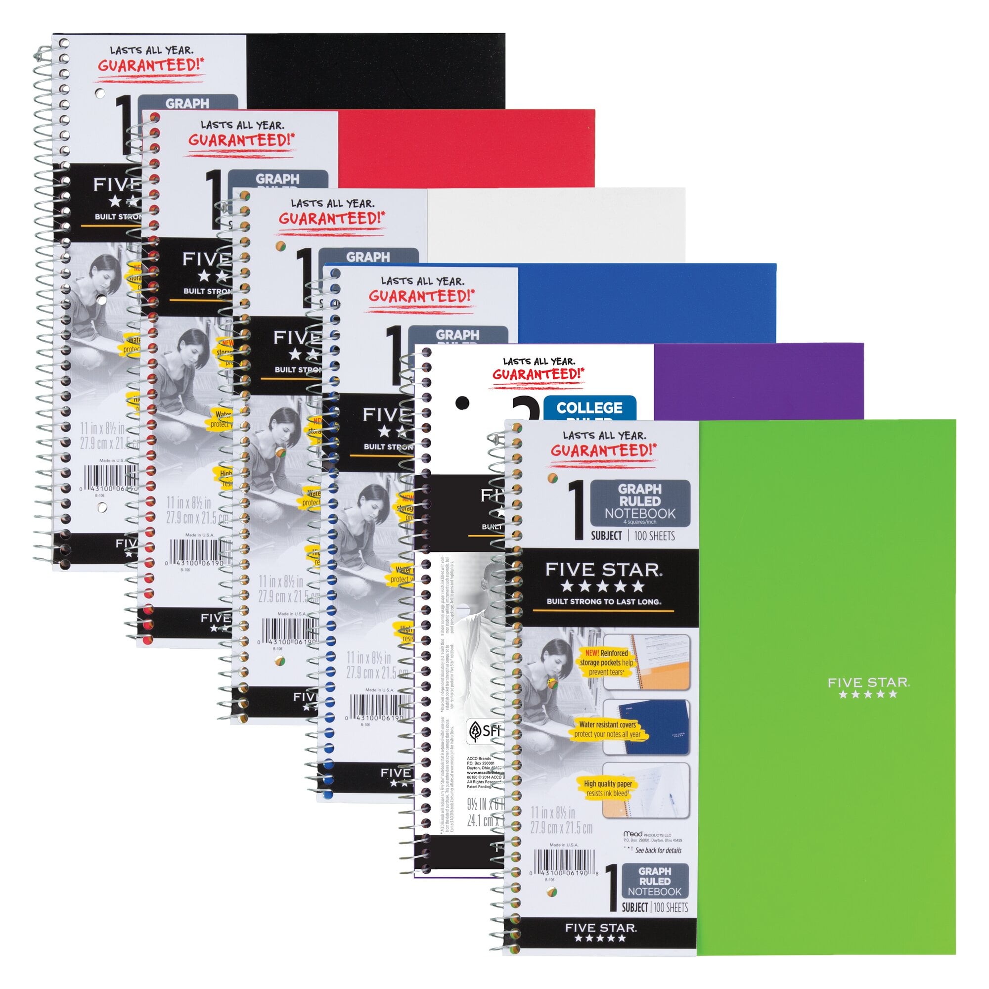 Five Star Spiral Notebook Plus Study App 1 Subject Graph Ruled 8 12 x 11 6 Pack