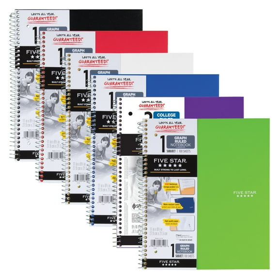 Five Star Spiral Notebook + Study App, 1 Subject, Graph Ruled, 8.5" x 11", 6 Pack