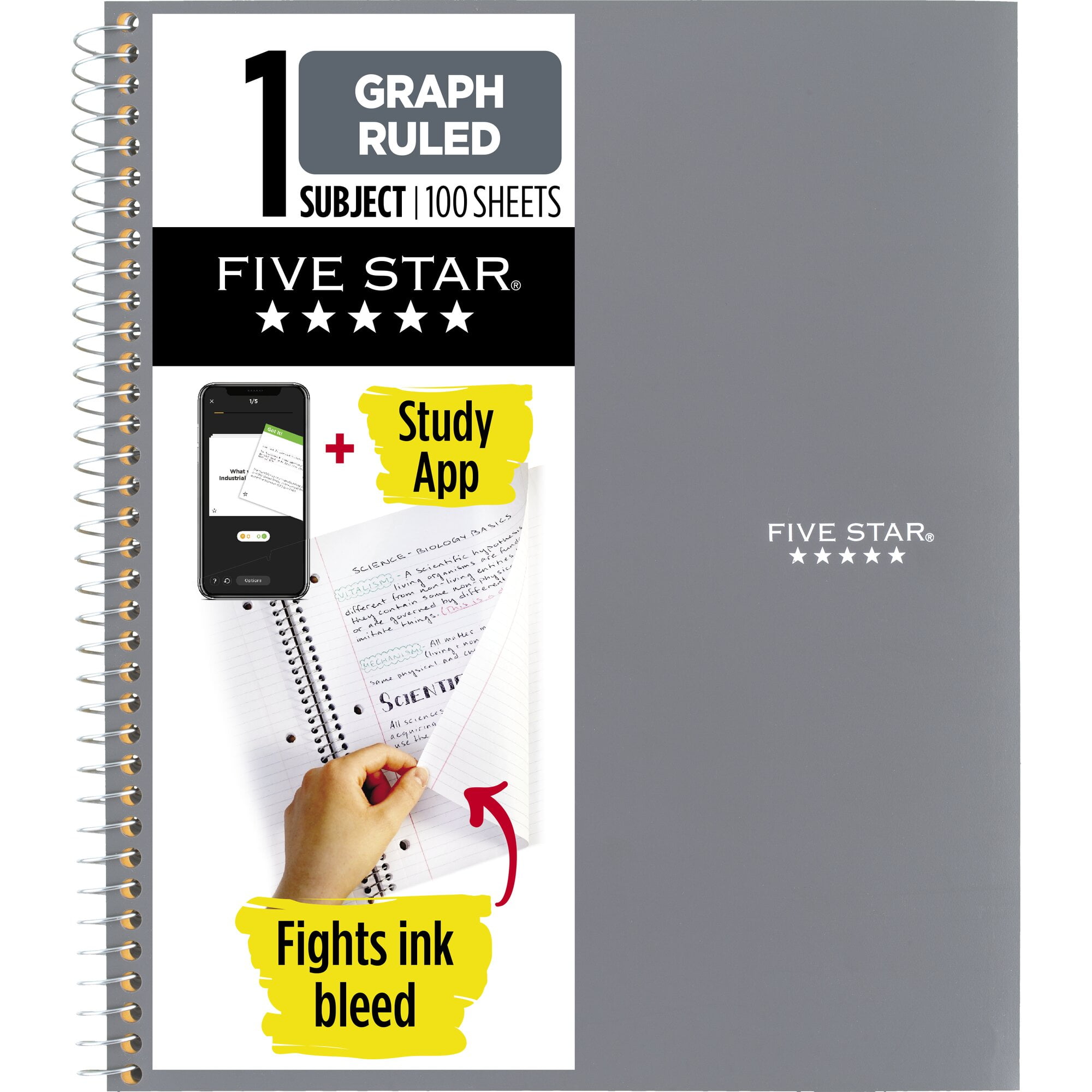Five Star Spiral Notebook Plus Study App 1 Subject Graph Ruled 8 12 x 11 Gray -