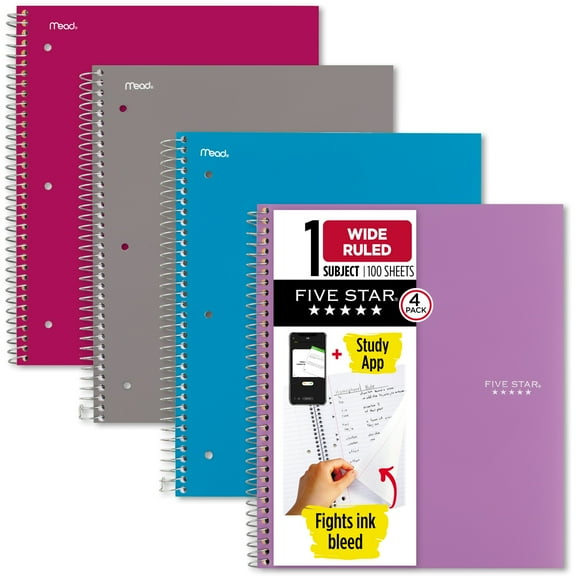 Five Star Spiral Notebook + Study App, 1 Subject, Wide Ruled, 8" x 10.5", 4 Pack