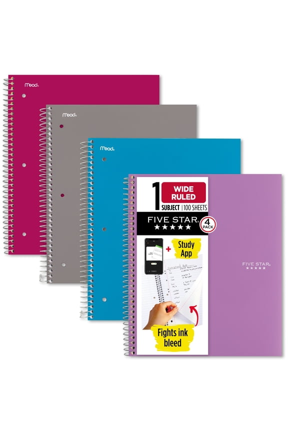 Spiral Notebook + Study App, 1 Subject, Wide Ruled, 8" x 10.5", 4 Pack