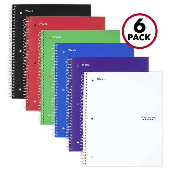 Five Star Spiral Notebook + Study App, 1 Subject, Wide Ruled, 8" x 10.5", 6 Pack
