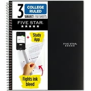 Five Star 3 Subject College Ruled Notebook Plus Study App, 8.5" x 11", Black, Poly, Spiral, 150 Sheets