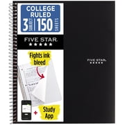 Five Star Spiral Notebook + Study App, 3 Subject, College Ruled, 8.5" x 11", Black