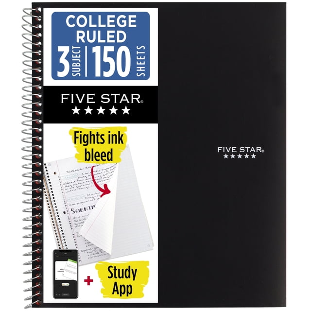 Five Star Spiral Notebook + Study App, 3 Subject, College Ruled, 8.5" x 11", Black