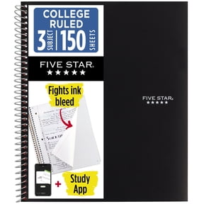 Five Star Spiral Notebook + Study App, 3 Subject, College Ruled, 8.5" x 11", Black