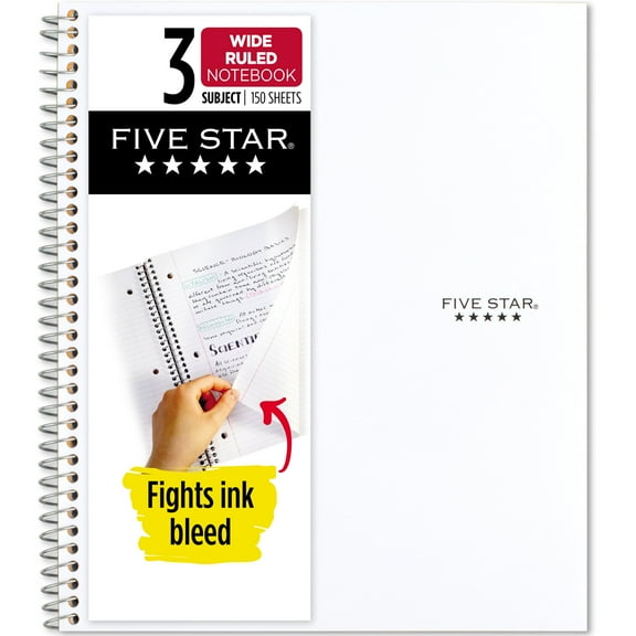 Five Star Spiral Notebook + Study App, 3 Subject, College Ruled, 8.5" x 11", White
