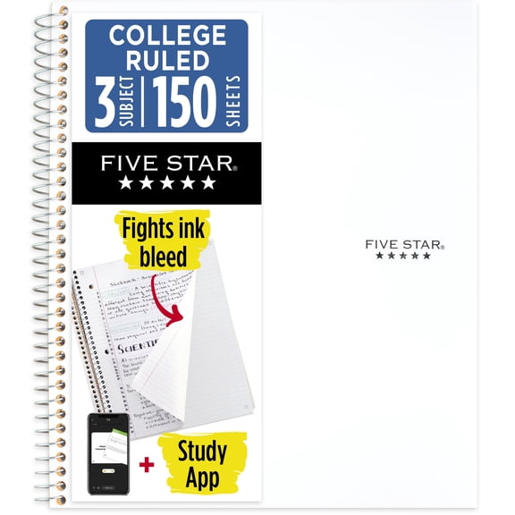 Five Star Spiral Notebook + Study App, 3 Subject, College Ruled, 8.5" x 11", White