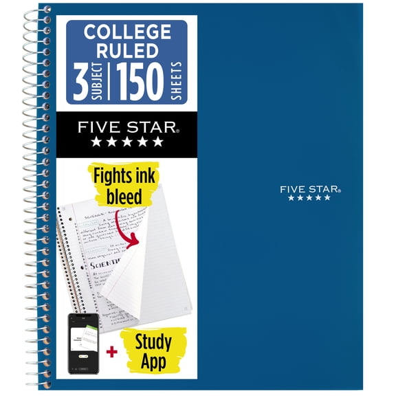 Five Star Spiral Notebook + Study App, 3 Subject, College Ruled, 8.5" x 11"