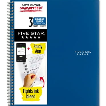 Five Star 3 Subject College Ruled Notebook Plus Study App, 8.5" x 11", Pacific Blue, Poly, Spiral, 150 Sheets
