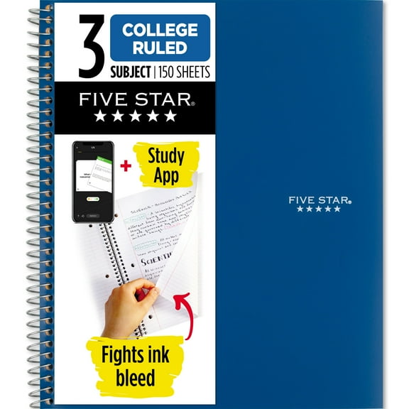 Five Star Spiral Notebook + Study App, 3 Subject, College Ruled, 8.5" x 11"