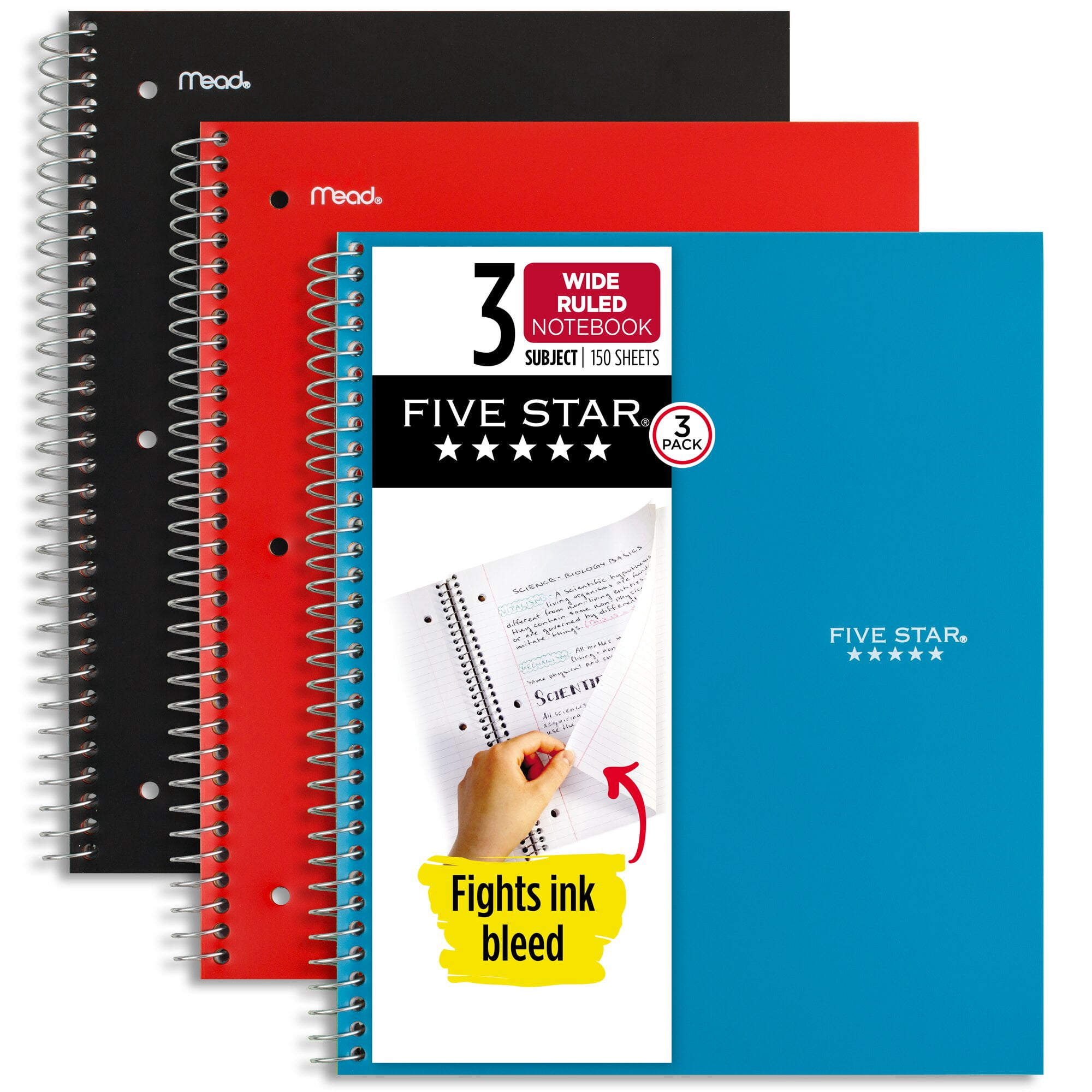 Five Star Spiral Notebook + Study App, 3 Subject, Wide Ruled, 8" x 10.5", 3 Pack