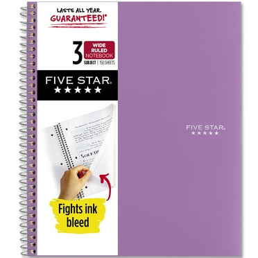 Five Star 3 Subject Wide Ruled Notebook Plus Study App, 8" x 10.5", Amethyst Purple, Poly, Spiral, 150 Sheets