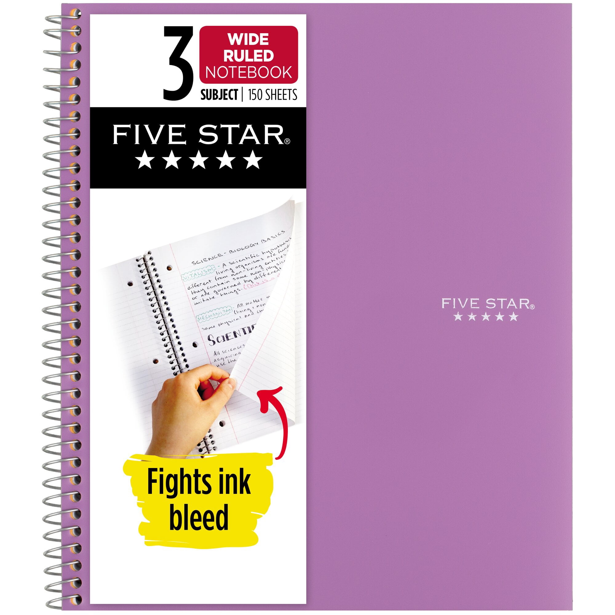 Five Star Spiral Notebook + Study App, 3 Subject, Wide Ruled, 8" x 10.5", Amethyst