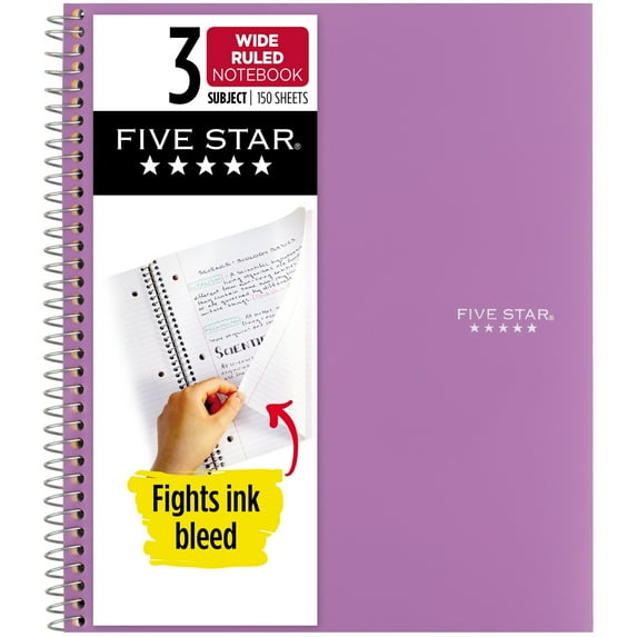 Five Star Spiral Notebook + Study App, 3 Subject, Wide Ruled, 8" x 10.5", Amethyst