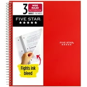 Five Star Spiral Notebook + Study App, 3 Subject, Wide Ruled, 8" x 10.5", Fire Red
