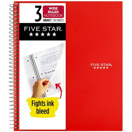 Five Star Spiral Notebook + Study App, 3 Subject, Wide Ruled, 8" x 10.5", Fire Red