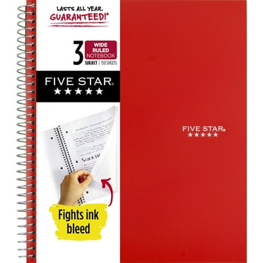 Five Star Spiral Notebook Study App, 3 Subject, Wide Ruled, 8" x 10.5", Fire Red