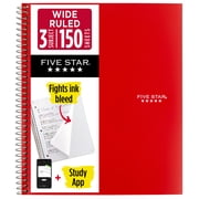 Five Star Spiral Notebook + Study App, 3 Subject, Wide Ruled, 8" x 10.5", Fire Red