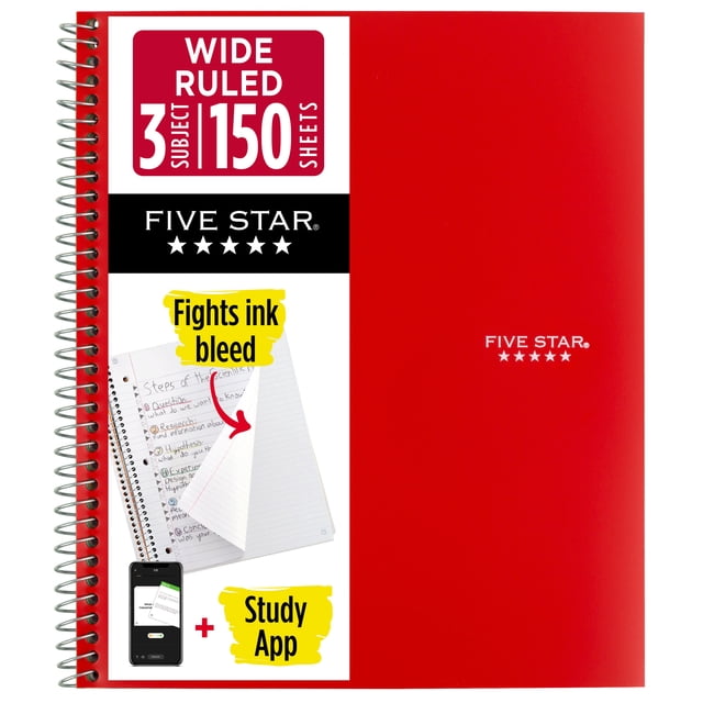 Five Star Spiral Notebook + Study App, 3 Subject, Wide Ruled, 8" x 10.5", Fire Red