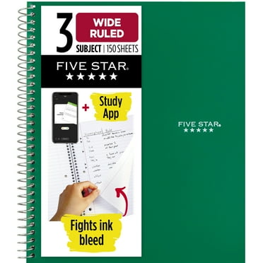 Five Star 3 Subject Wide Ruled Notebook Plus Study App, 8" x 10.5", Forest Green, Poly, Spiral, 150 Sheets