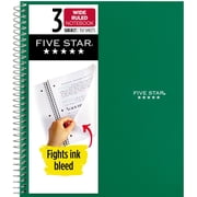 Five Star Spiral Notebook + Study App, 3 Subject, Wide Ruled, 8" x 10.5", Forest Green
