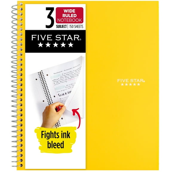 Five Star Spiral Notebook + Study App, 3 Subject, Wide Ruled, 8" x 10.5", Harvest