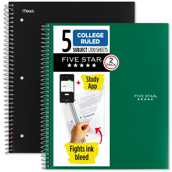 Five Star Spiral Notebook + Study App, 5 Subject, College Ruled, 8.5" x 11", 2 Pack