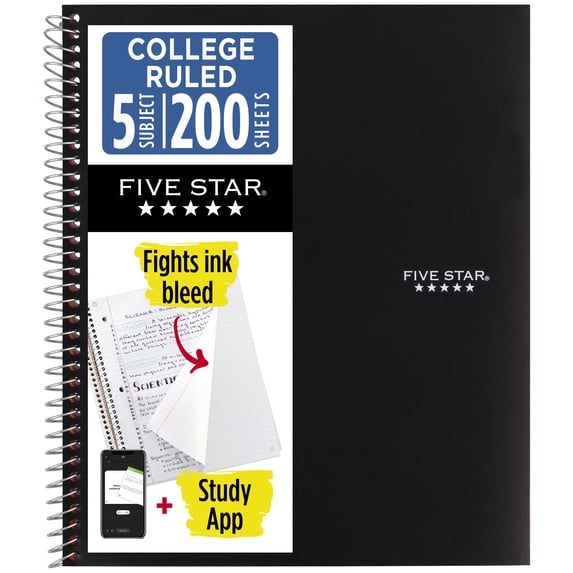 Five Star Spiral Notebook + Study App, 5 Subject, College Ruled, 8.5" x 11", Black