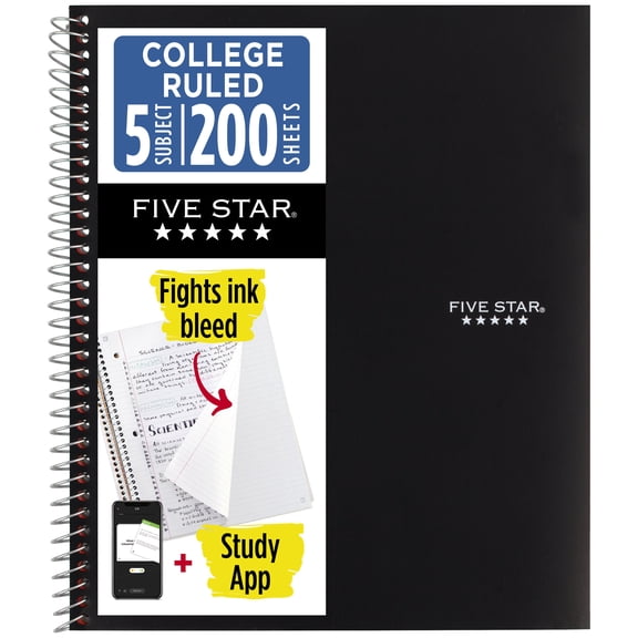 Five Star Spiral Notebook + Study App, 5 Subject, College Ruled, 8.5" x 11", Black
