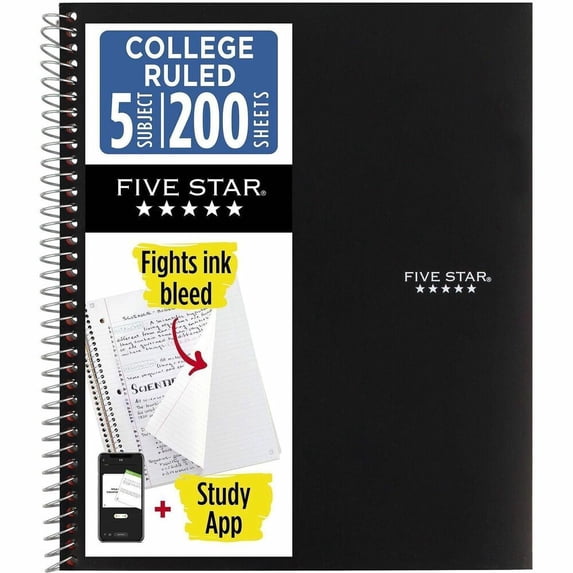 Five Star Spiral Notebook + Study App, 5 Subject, College Ruled, 8.5" x 11", Black