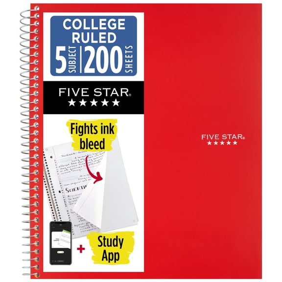 Five Star Spiral Notebook + Study App, 5 Subject, College Ruled, 8.5" x 11", Fire Red