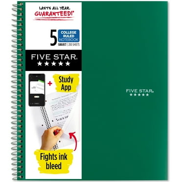 Five Star 5 Subject College Ruled Notebook Plus Study App, 8.5" x 11", Forest Green, Poly, Spiral, 200 Sheets