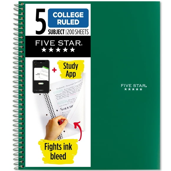 Five Star Spiral Notebook + Study App, 5 Subject, College Ruled, 8.5" x 11"