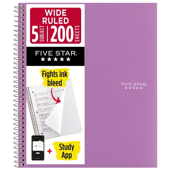 Five Star Spiral Notebook + Study App, 5 Subject, Wide Ruled, 8" x 10.5", Amethyst