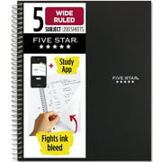 Five Star 5 Subject Wide Ruled Notebook Plus Study App, 8" x 10.5", Black, Poly, Spiral, 200 Sheets